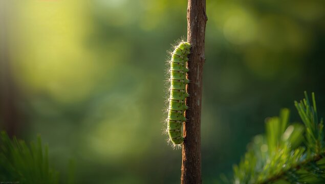 Close-up of pine branch with caterpillar, emphasizing insect activity and tree health