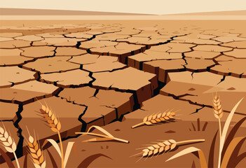 Cracked, dry earth with wilting wheat stalks under a barren sky
