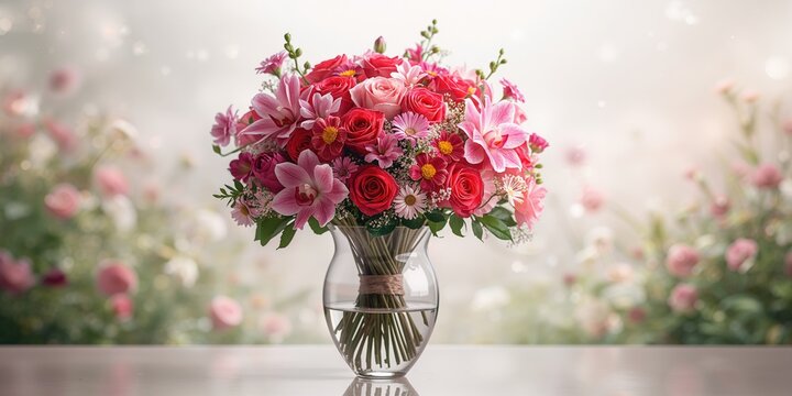 Arrangement of roses, orchids, and assorted flowers in a delicate bouquet, serving as background for floral design, World Flower Day