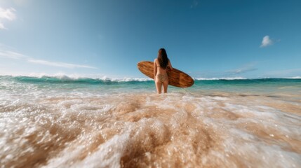 A dynamic scene of a surfer entering the waves on a sunny day, capturing the thrill and adventure of surfing in water that evokes feelings of freedom and excitement.
