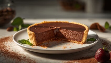 A sliced chocolate pie displaying smooth filling and crumbly crust, ideal for bakery display, National Pastry Week
