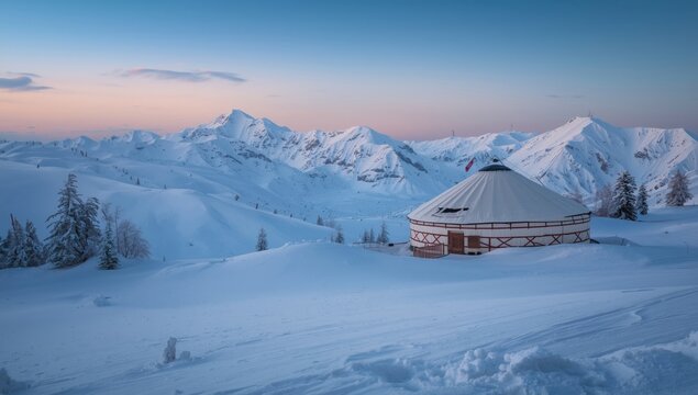 Traditional yurt structure at a mountain ski destination during frozen morning, highlighting outdoor adventure