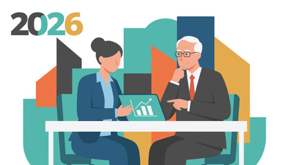 Business team planning 2026 strategy analyzing growth data and financial success