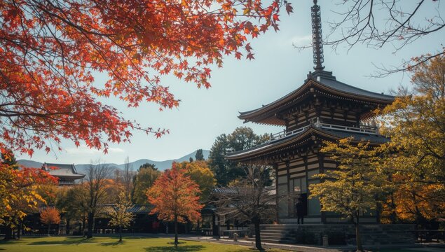 Temple summit amid colorful fall trees in an urban park during summer, highlighting landscape and travel themes