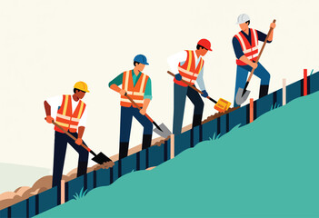 Workers in high-visibility vests and hard hats dig a trench on a grassy slope