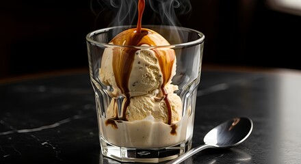 Delicious vanilla ice cream with hot caramel syrup or coffee being poured over it in a glass cup. Affogato dessert and sweet treat concept.