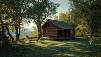 Fototapeta premium Log cabin nestled in tranquil nature with a seating area, rustic outdoor living