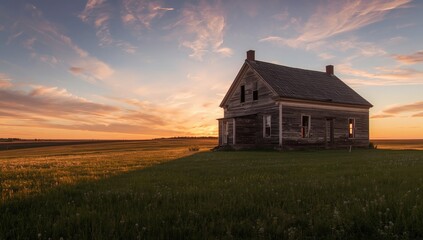 Saskatchewan rural farmhouse ruins during sunset with open prairie surroundings, highlighting agricultural heritage day
