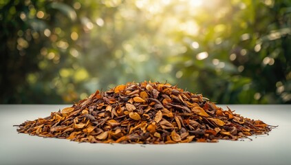 Collected cocoa tree leaf litter serving as a textured backdrop for editorial layouts, seasonal change