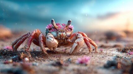 This enchanting image captures a vibrant crab adorned with colorful flowers, sitting on a sandy beach, reflecting an ethereal connection with nature and its surroundings.