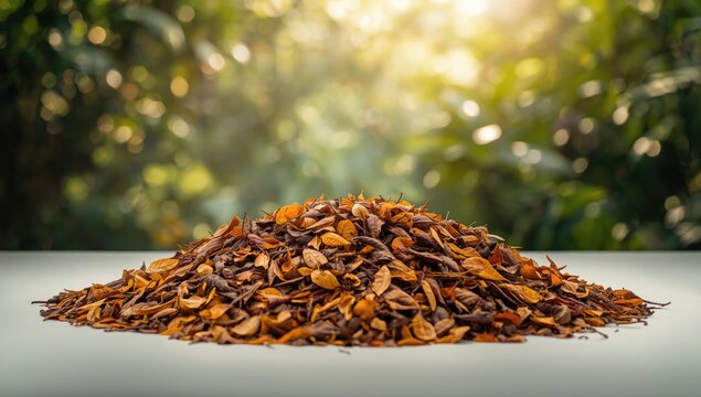 Collected cocoa tree leaf litter serving as a textured backdrop for editorial layouts, seasonal change