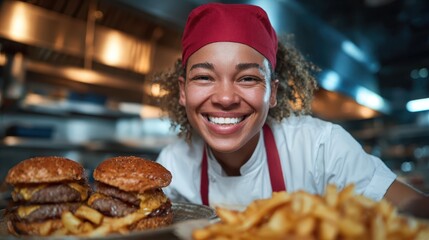 A cheerful chef presents freshly made burgers and fries with a smile, embodying the joy of cooking and the appeal of hearty, satisfying meals.