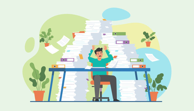 Stressed employee overwhelmed by massive paperwork and office bureaucracy Burnout concept