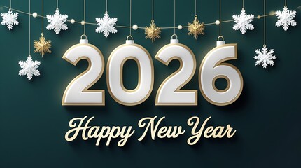 beautiful happy new year 2026 with hanging golden snowflakes and baubles on dark green background, festive celebration and holiday greeting card