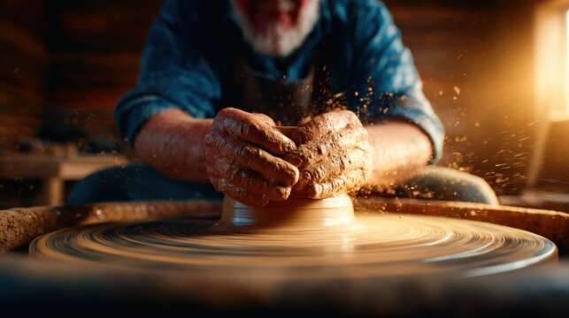 An elderly craftsman skillfully shapes clay on a pottery wheel, showcasing the artistry and dedication involved in traditional pottery crafting techniques in a rustic studio. - Powered by Adobe