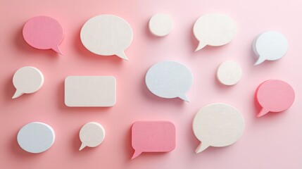 Soft pastel-colored speech bubbles arranged on a matching pink backdrop, a whimsical composition suggesting communication and dialogue