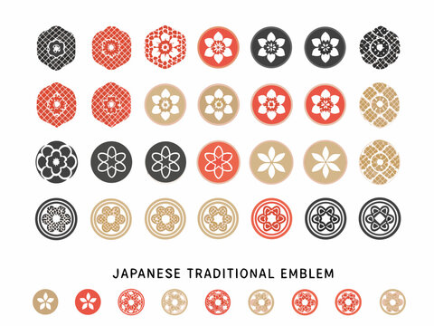 Collection of japanese traditional emblems and floral patterns in various colors