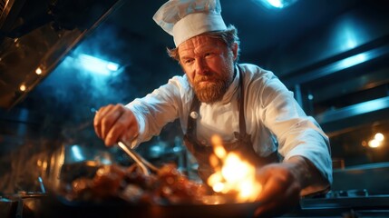 A passionate chef in a modern kitchen expertly prepares delicious food, showcasing the art of cooking with flames and dedication as he garnishes the dish.