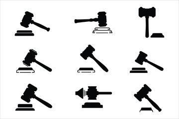 Vector Judge gavels collection flat icon ,Auction hammer icon. Gavel icon in different style. Court tribunal symbol , Gavel set icons in black flat style