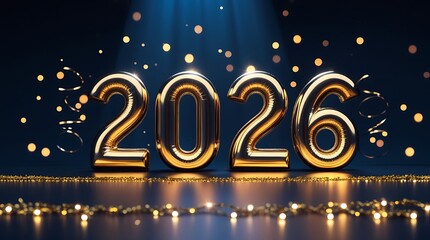 Shiny golden 2026 year balloons illuminated by spotlights against dark blue festive background with bokeh lights for new year celebration concept
