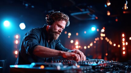 A talented DJ is deeply engrossed in mixing music at a lively night party scene, enhancing the vibrant atmosphere with colorful lights and energetic vibes from the crowd.