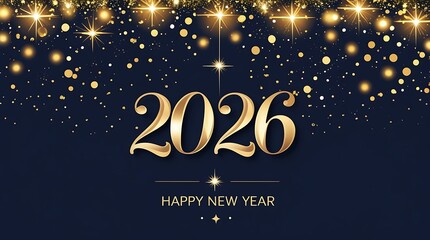 Majestic golden 2026 numerals above happy new year message set against navy blue with dramatic light flares and falling glitter particles