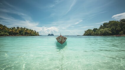 Wooden fishing boat resting on vibrant turquoise water, highlighting maritime industry and water clarity