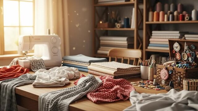 A Cozy Sewing Studio Filled with Colorful Fabrics, Threads, and Craft Supplies for Creative Sewing Projects and Artistic Endeavors