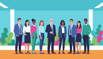 Diverse business team stands confidently in a modern office setting Collaboration teamwork leadership illustration