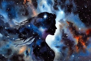 A woman stands in profile against a vibrant backdrop of stars and colorful clouds. The scene shows a blend of deep blues, reds, and whites. Watercolor art.