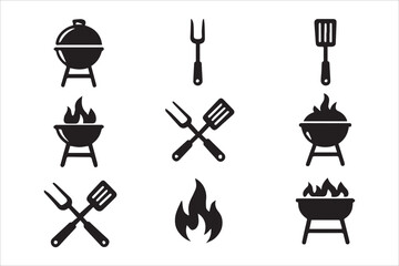 Vector  BBQ grill icon set. Barbecue, bar-b-q, spatula, grill fork, picnic, fire in simple flat style