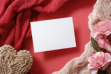 Festive Valentines Day setup featuring a blank card surrounded by red and pink decorations on a vibrant background.