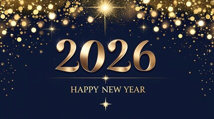 Festive 2026 happy new year banner with rich gold glitter shower and decorative star elements on navy background for corporate holiday greetings luxury party flyer and seasonal website header design
