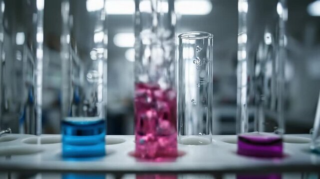 A Close-Up View of Colorful Test Tubes in a Modern Laboratory Setting, Demonstrating Various Chemical Solutions and Experimental Setup