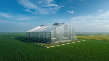 Obraz premium Aerial perspective of a glass greenhouse being assembled in Westland, Netherlands, highlighting building process