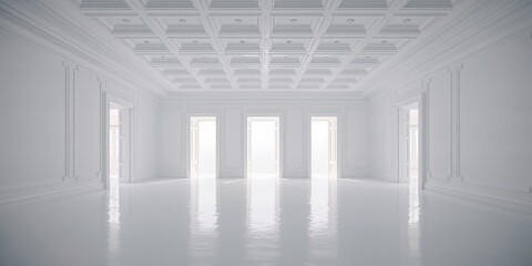 Minimalist white room featuring coffered ceiling and a six-door screen for functional interior separation