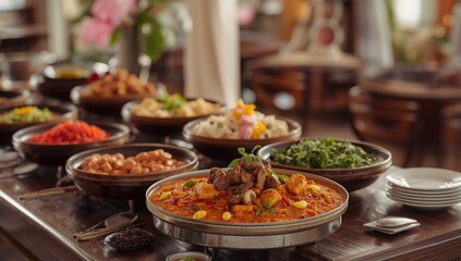 Obraz premium Varied Sri Lankan dishes with bright colors, highlighting traditional food preparation for cultural event