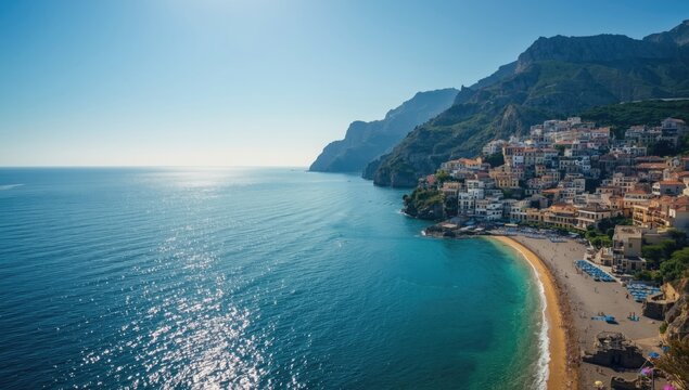 Coastal European town with sandy beaches, designed for vacation and relaxation, Earth Day - Powered by Adobe