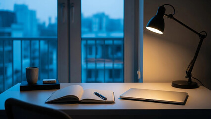 Desk area with a lamp during evening in a city apartment showing a notebook and a laptop