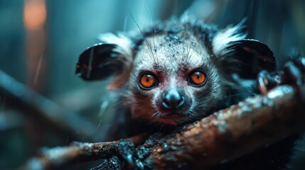 A captivating creature with expressive eyes peeks out from a rain-soaked forest, embodying themes of nature, wonder, and the enchantment of wildlife in a vibrant environment.