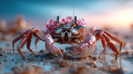 A whimsical crab adorned with flowers on a sandy beach at sunset, highlighting the contrast between nature and a touch of playful creativity amidst a serene backdrop.