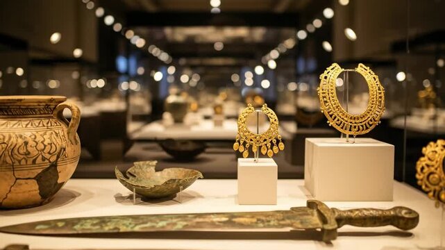 A Glimpse into Ancient Artifacts: Explore the Intricately Designed Gold Jewelry, Clay Pottery, and Ornate Sword Displayed in an Illuminated Museum Exhibition