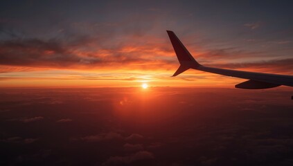 Sunset seen from an airplane at cruising altitude with clouds below, highlighting travel atmosphere