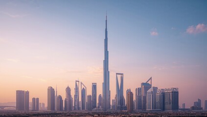 Obraz premium Kuwait cityscape featuring tall skyscrapers, architectural design, nighttime illumination, city growth, urban architecture