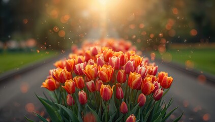 Colorful Darwin tulips blooming in Morahalom Tulip Garden, highlighting seasonal horticulture