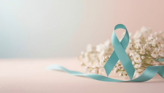 Teal awareness ribbon representing support for health causes during awareness month, health campaign