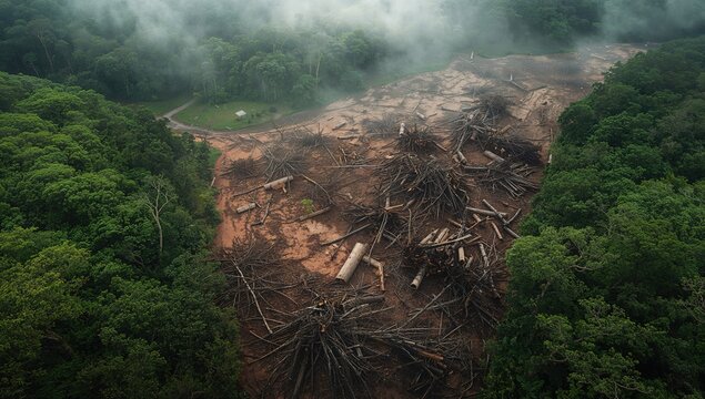 Stacked wood and felled trees seen from above illustrating illegal logging activity, conservation focus