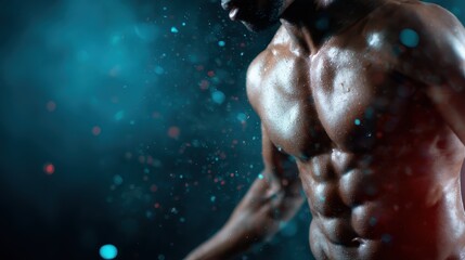 A fit individual with an impressive physique is captured in motion, with glowing skin and beads of sweat, embodying strength, determination, and vitality amidst a vibrant background.