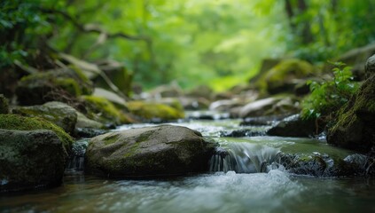 Gentle water flow in a lush green forest stream, highlighting natural landscape preservation