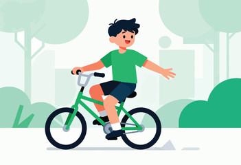 Fototapeta premium Smiling boy in green shirt cycling outdoors on a bright day
